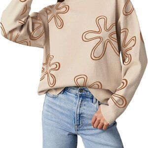 Sweaters for Women Casual Crewneck Long Sleeve Floral Print Cable Knit Pullover